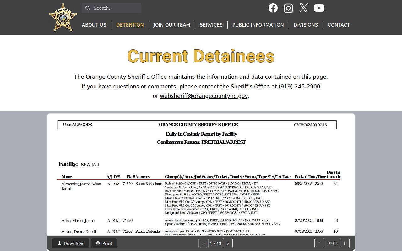 Chapel Hill people search using Orange County current detainee records