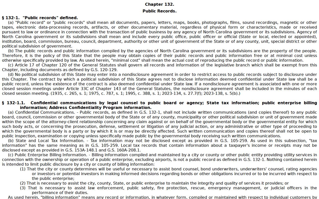 Chapel Hill public records law in North Carolina General Statutes Chapter 132