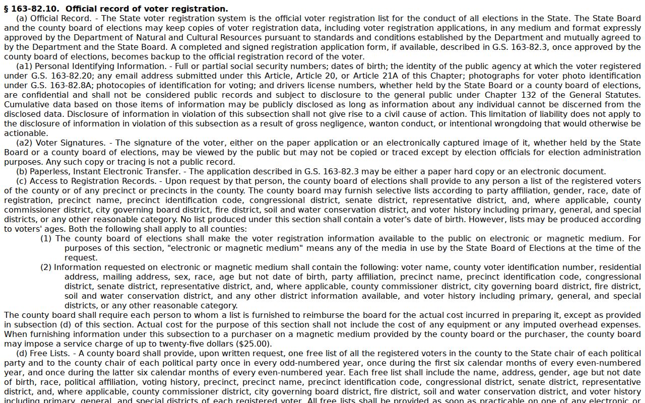 North Carolina law governing confidential Chapel Hill voter registration records
