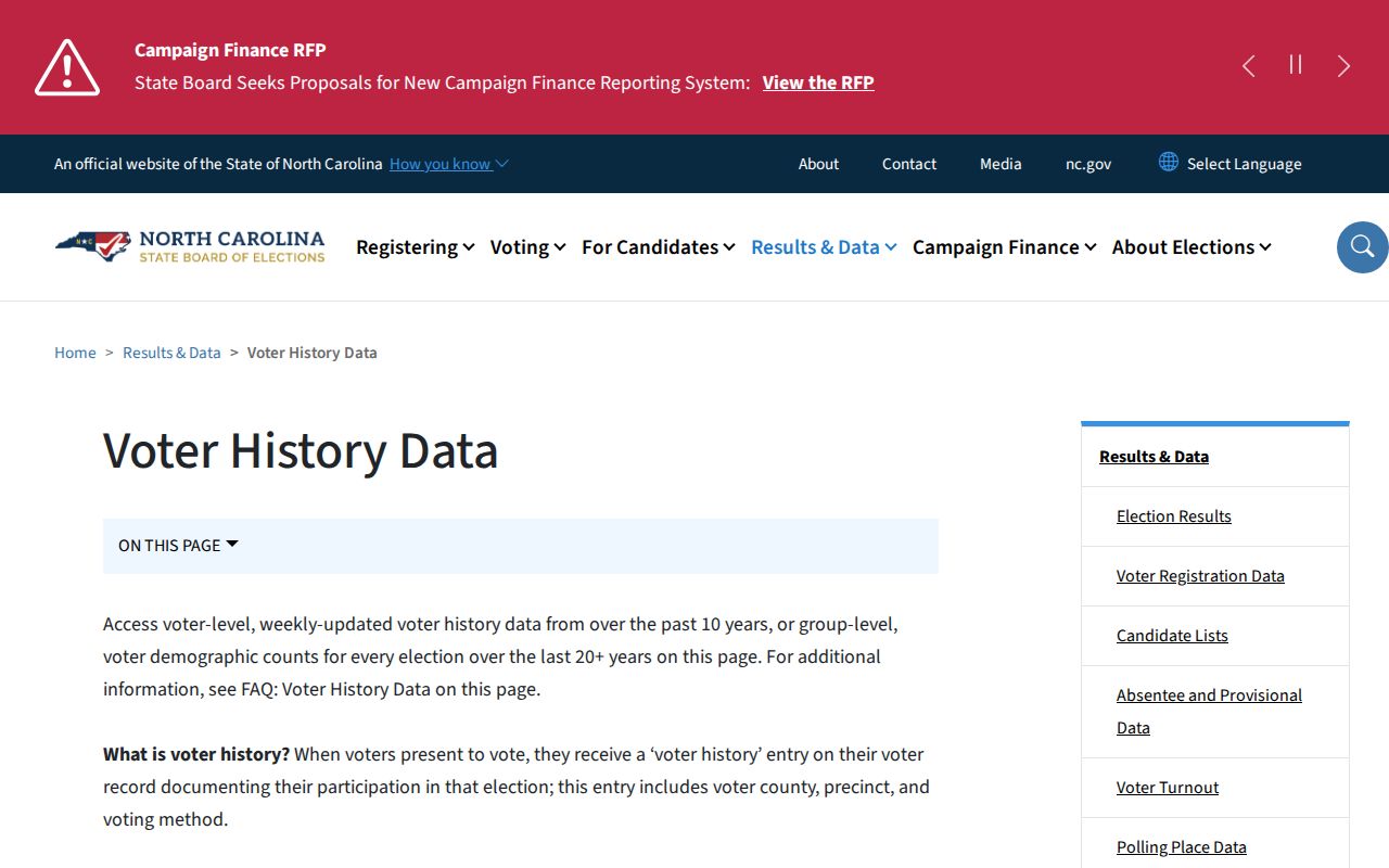 North Carolina participation history files for Chapel Hill voter records